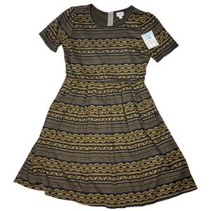 LuLaRoe Womens Dress Size 2XL Amelia Navy Blue Gold Aztec‎ Tribal Stripes 2X NWT